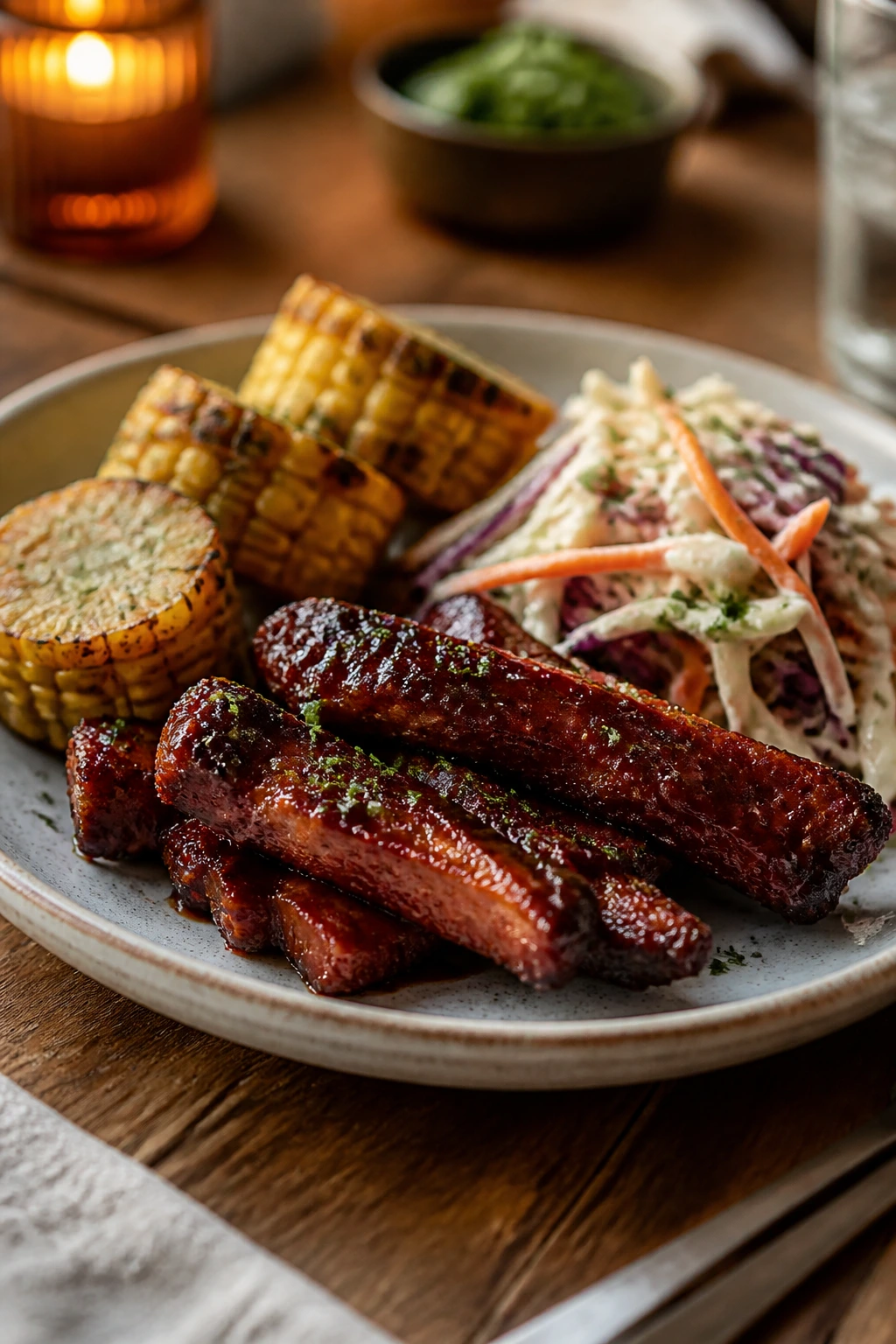 Plate with vegan BBQ main, side, and slaw on a wooden table