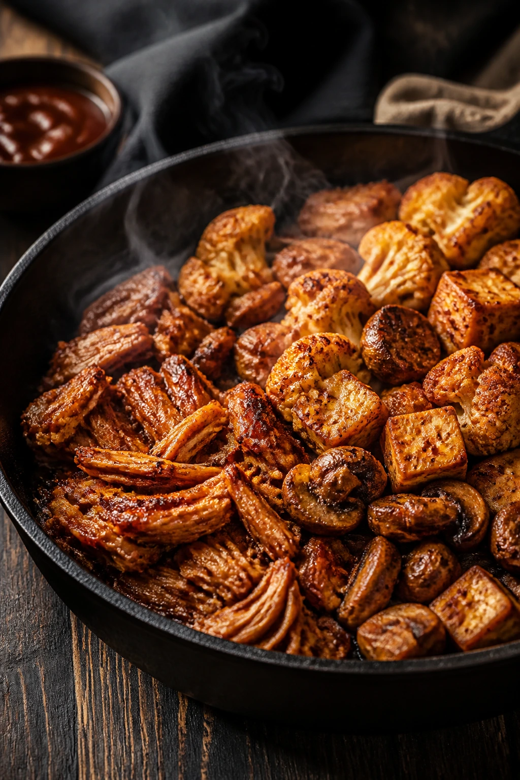 Sizzling vegan ingredients in a cast-iron skillet on a smoky wooden table