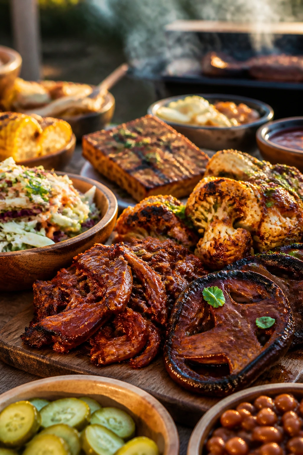 Close-up of a vibrant vegan BBQ spread on a wooden table with smoke and warm lighting