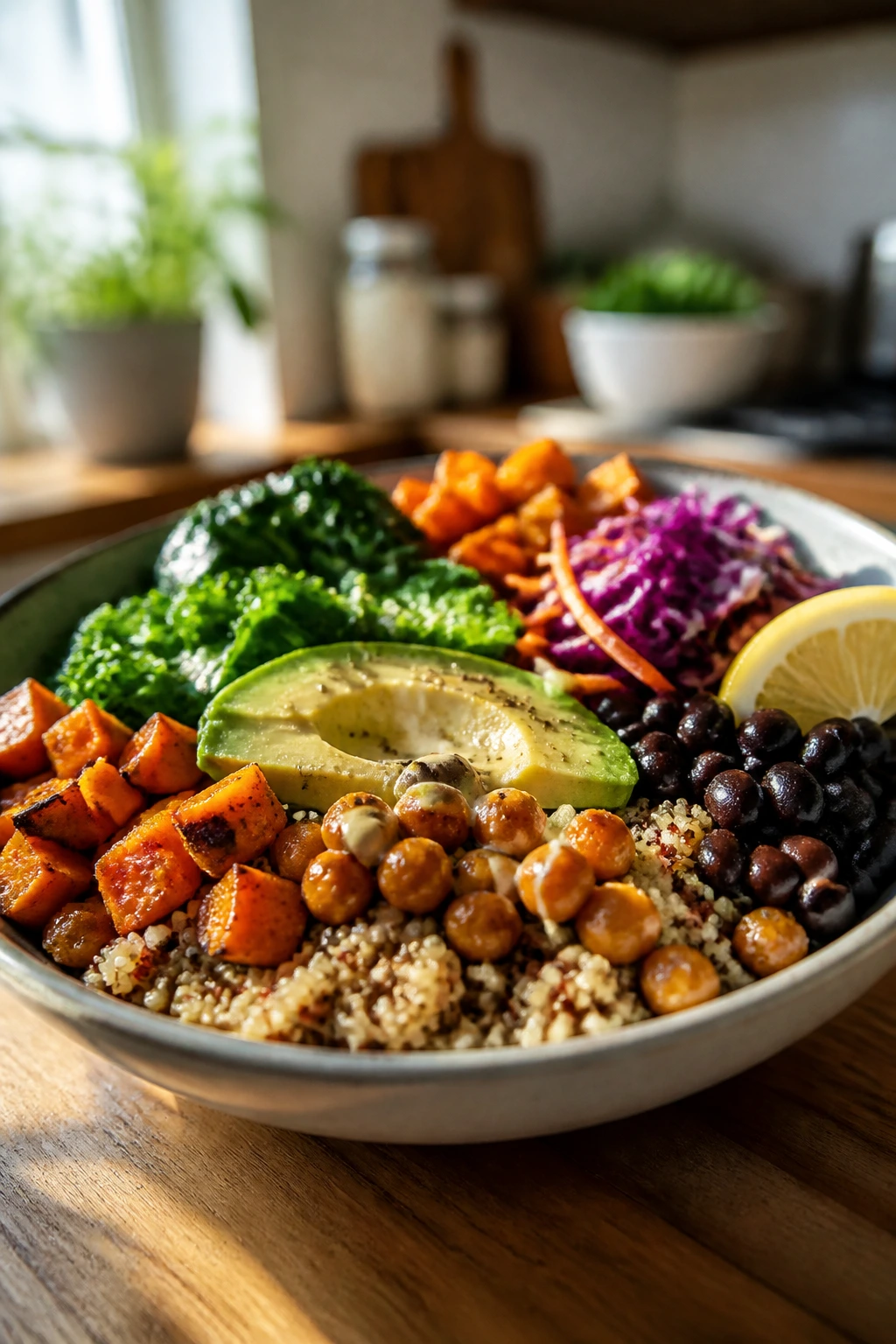 Colorful vegan bowl with grains, greens, and roasted veg in a kitchen