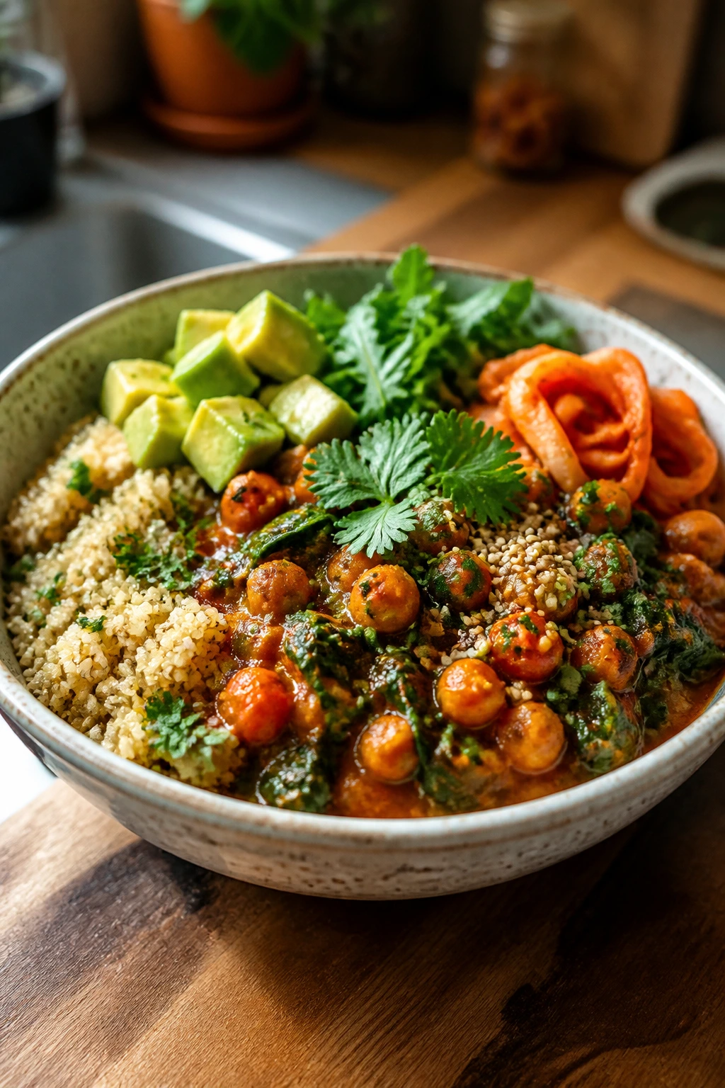 Vibrant vegan bowl plated with grains and toppings