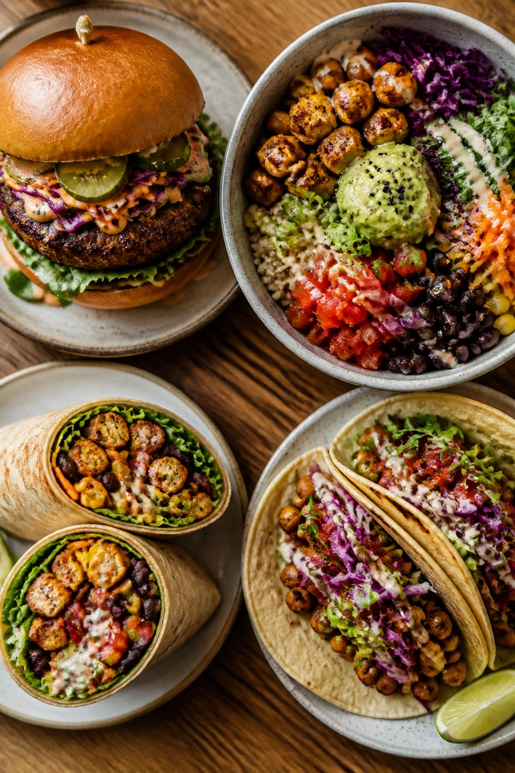 Top-down view of four vegan meals: burger, bowl, wrap, and taco on a wooden table