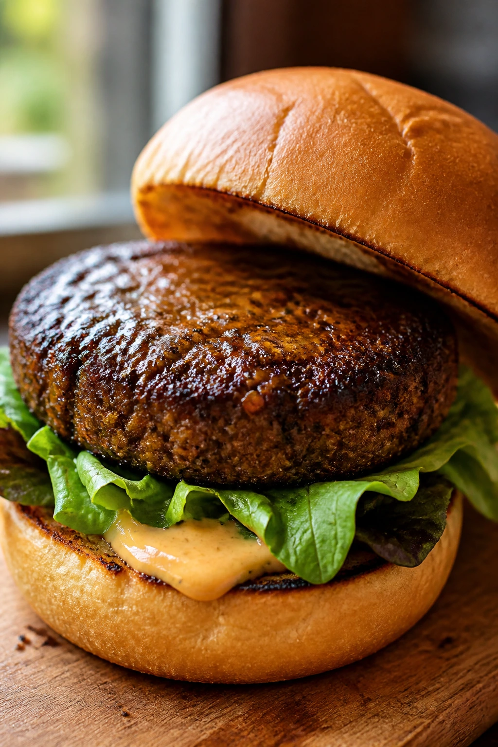 Close-up of a vegan burger patty on a bun with fresh greens in a warm kitchen