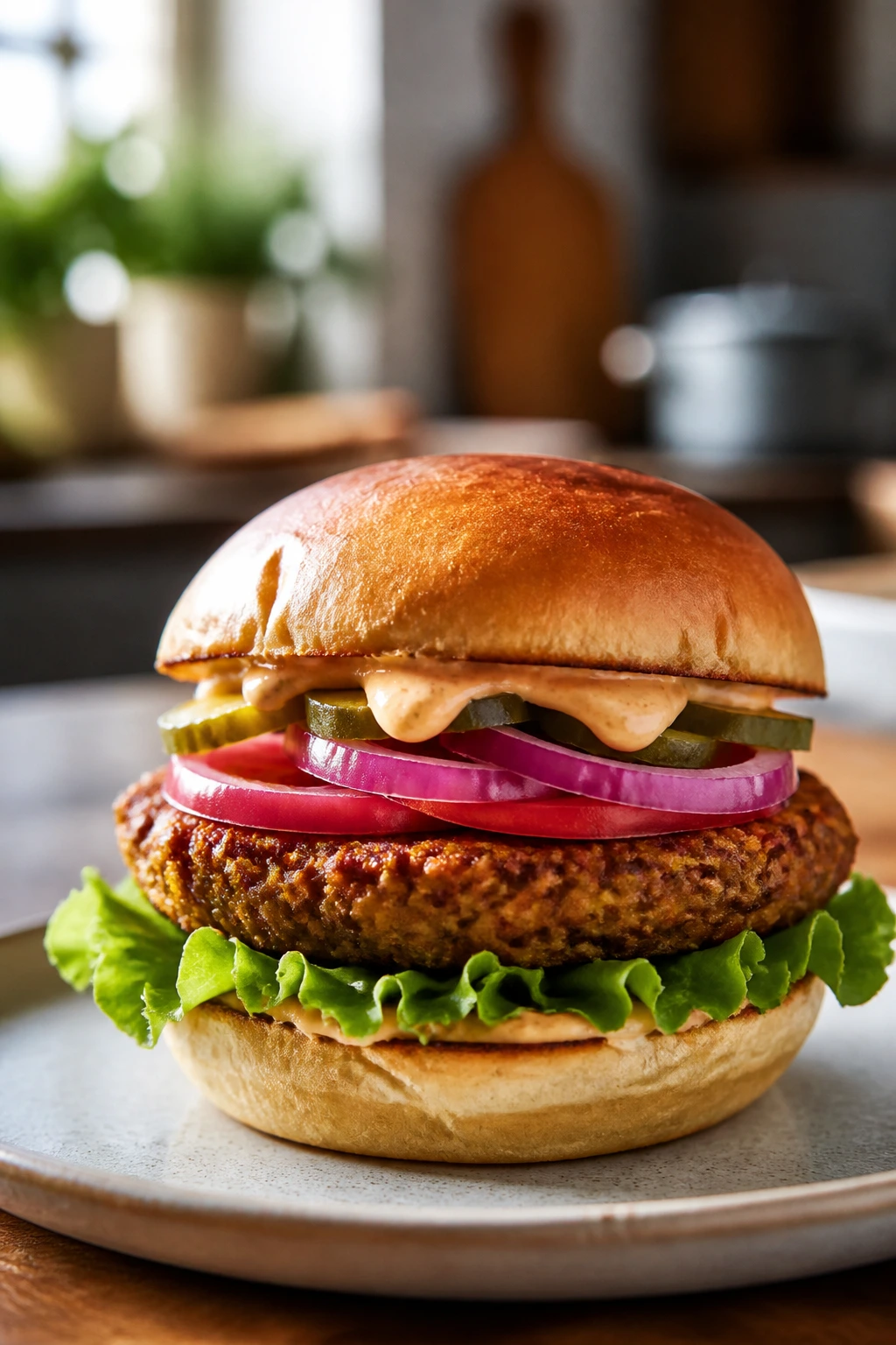 Fully assembled vegan burger on toasted bun with toppings