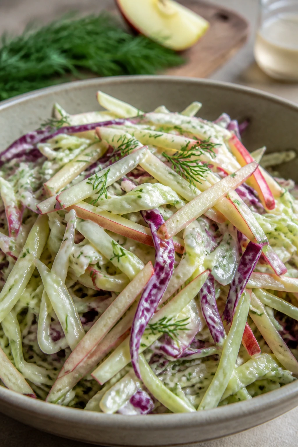 Creamy vegan coleslaw with green and purple cabbage and apple slices