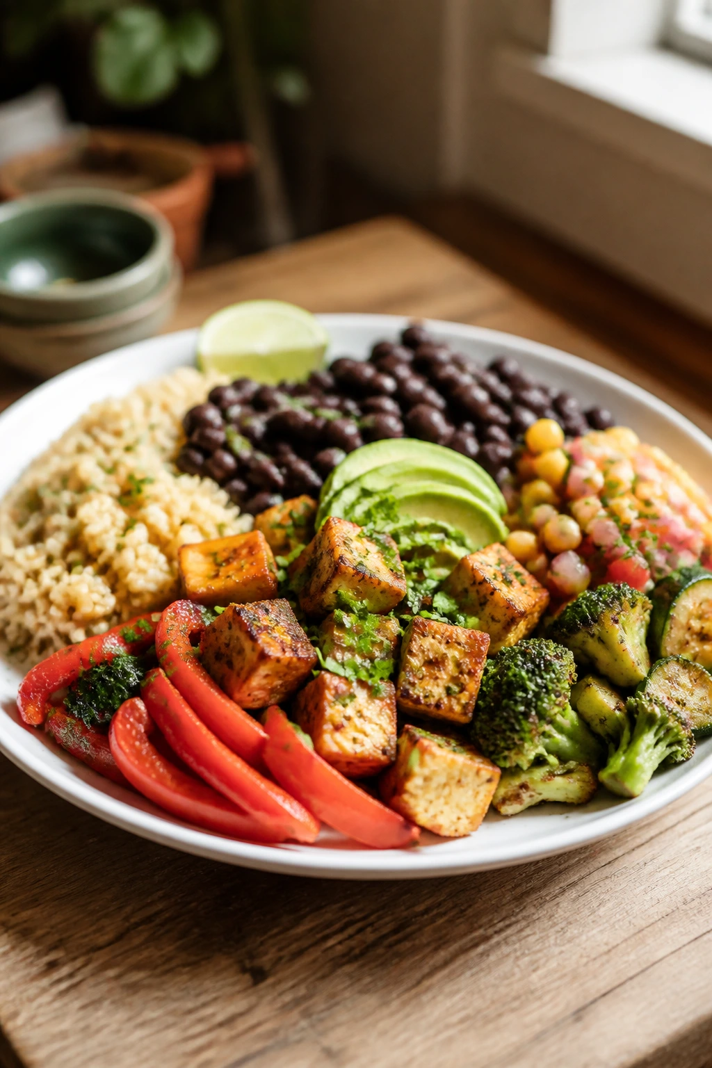 Plate of vegan dinner balanced with beans, grains, tofu and vegetables