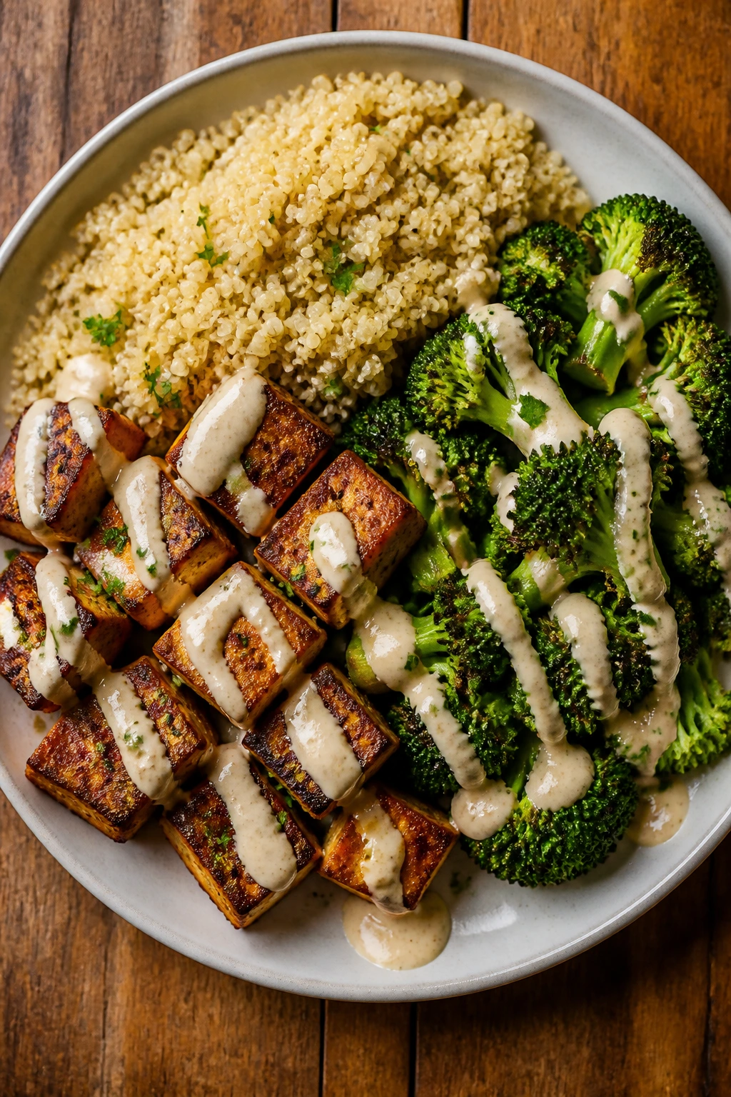 Plate of vegan dinner pattern with protein, carb, vegetable, and sauce