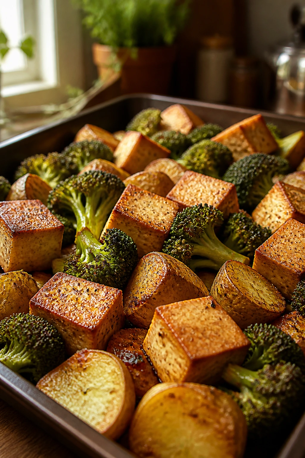 Close-up tray of tofu, broccoli, and potatoes with browned edges in a home kitchen