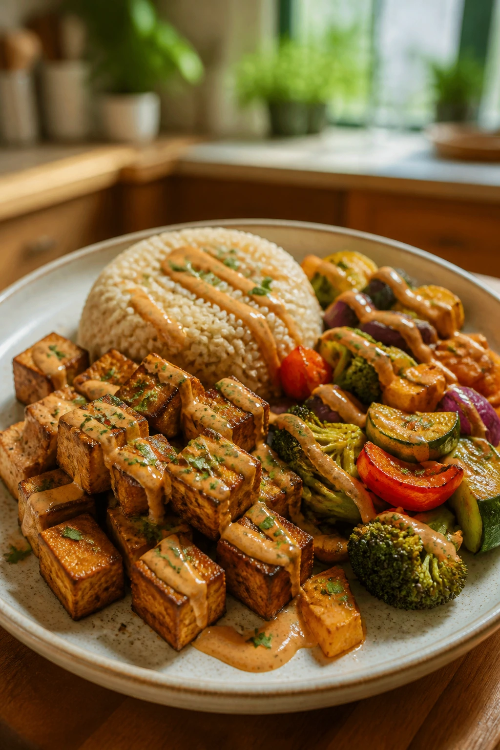Plate showing four parts: tofu, rice, vegetables, and sauce drizzle
