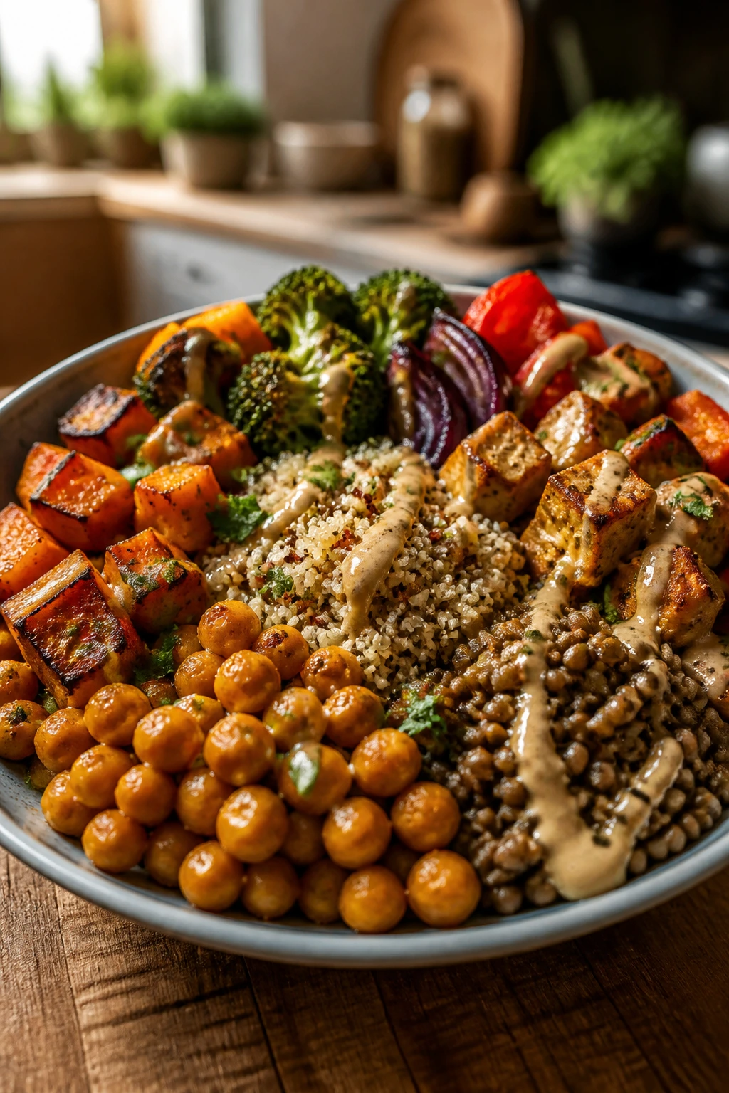 Close-up of a hearty vegan dinner plate with chickpeas and grains in warm kitchen light