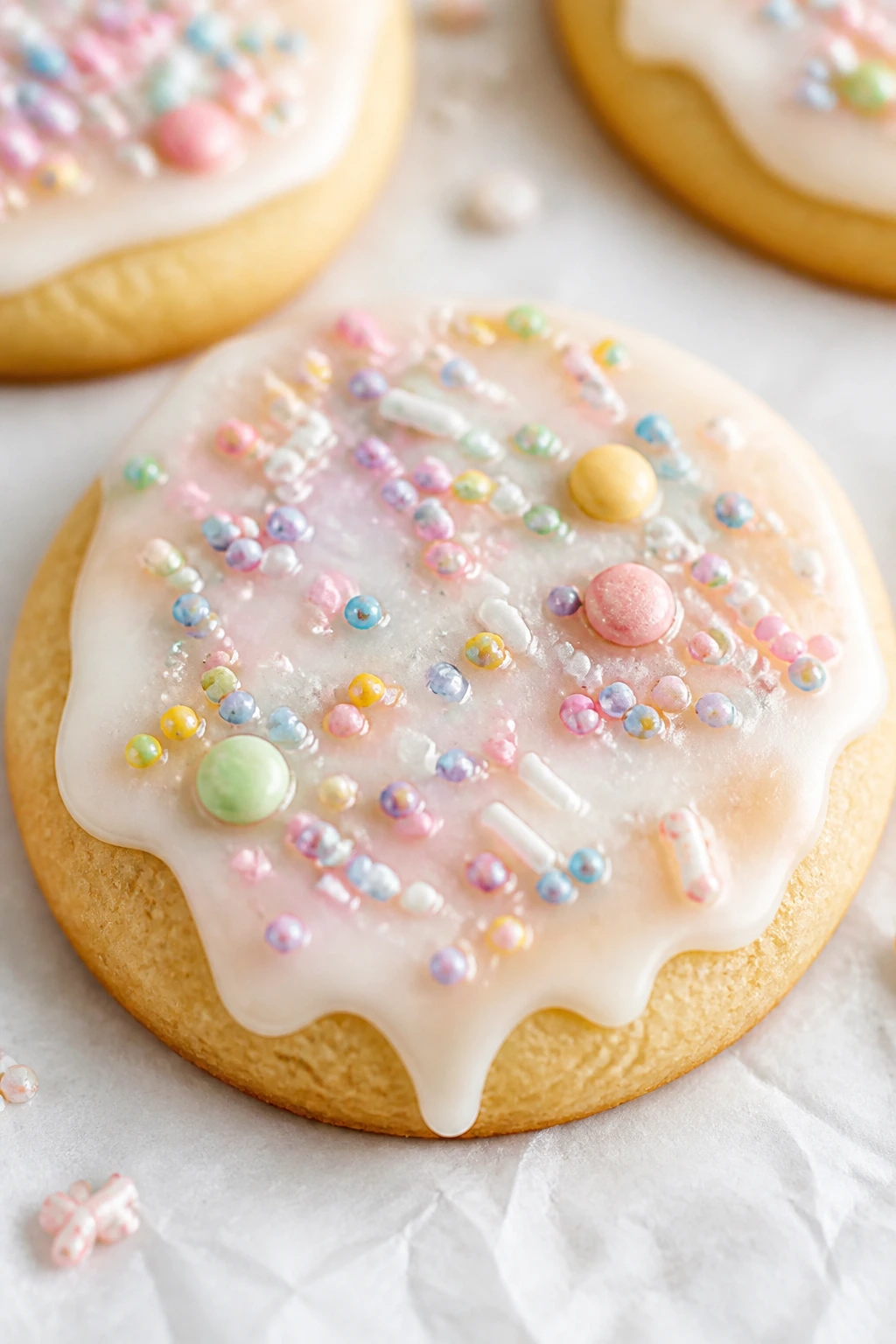 Close-up of vegan Easter sugar cookie with glaze on parchment