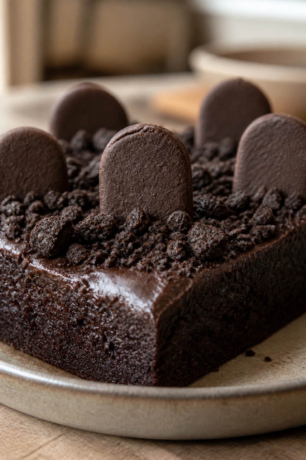 Close-up of Vegan Graveyard Brownies with cookie crumbs and tombstone cookies