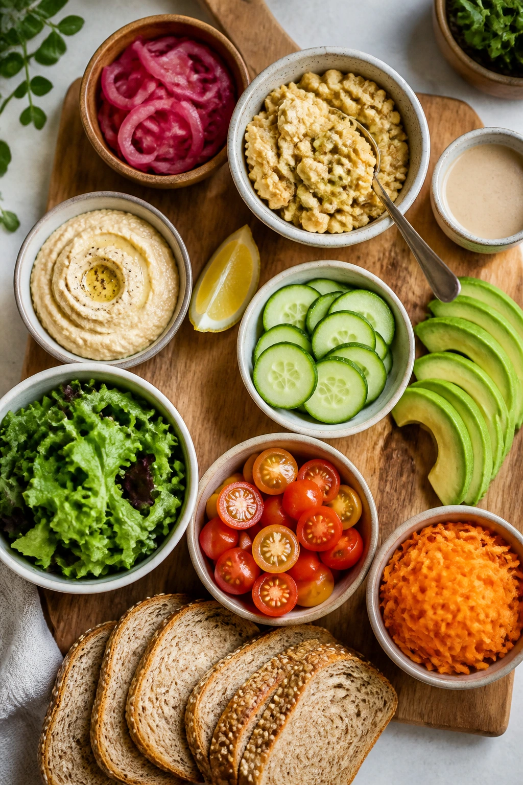 Top-down view of vegan sandwich ingredients and quick pickle components