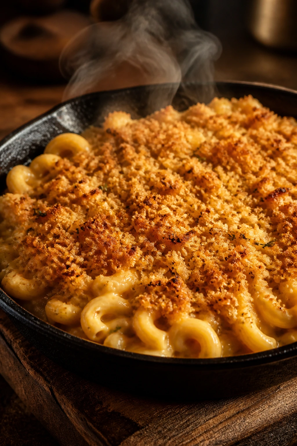 Creamy vegan mac and cheese in a skillet with golden breadcrumb topping