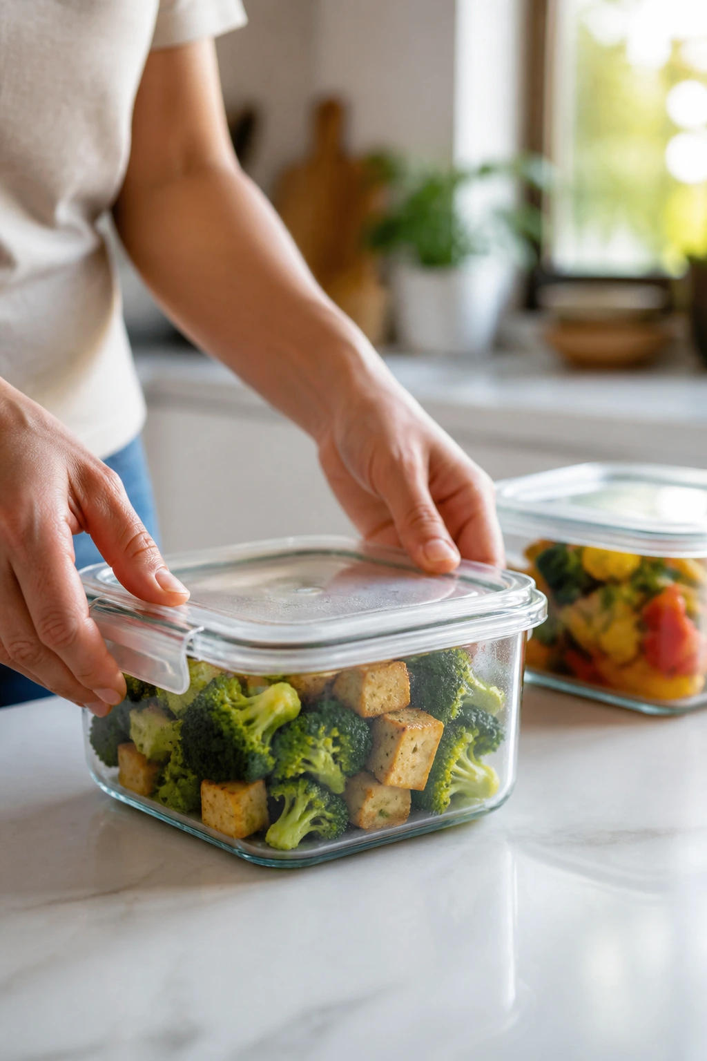 Close-up of hands placing a prepped vegan dinner container in a bright kitchen, demonstrating make-ahead storage.