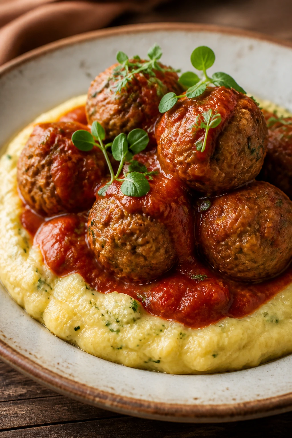Close-up of vegan meatballs over polenta with marinara sauce
