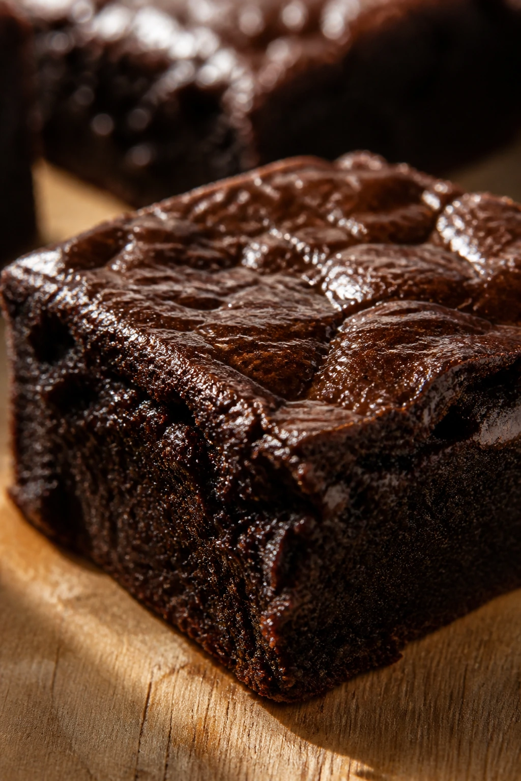 Close-up of a vegan olive oil brownie with glossy surface on wooden board