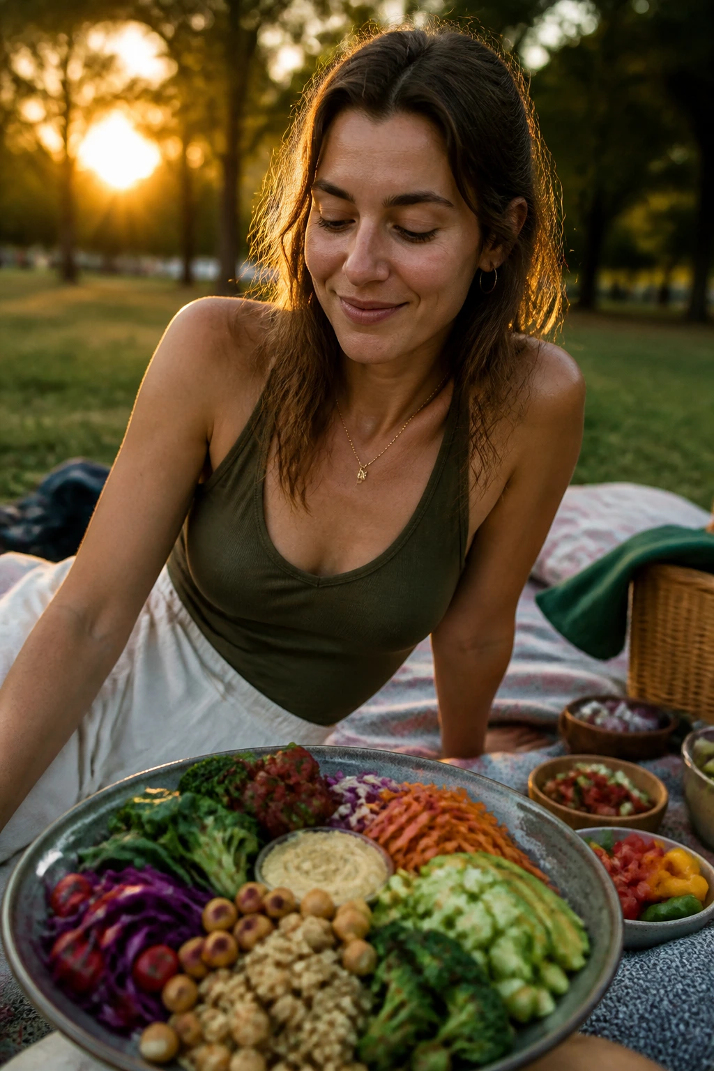 Person enjoying a vegan picnic dinner at golden hour