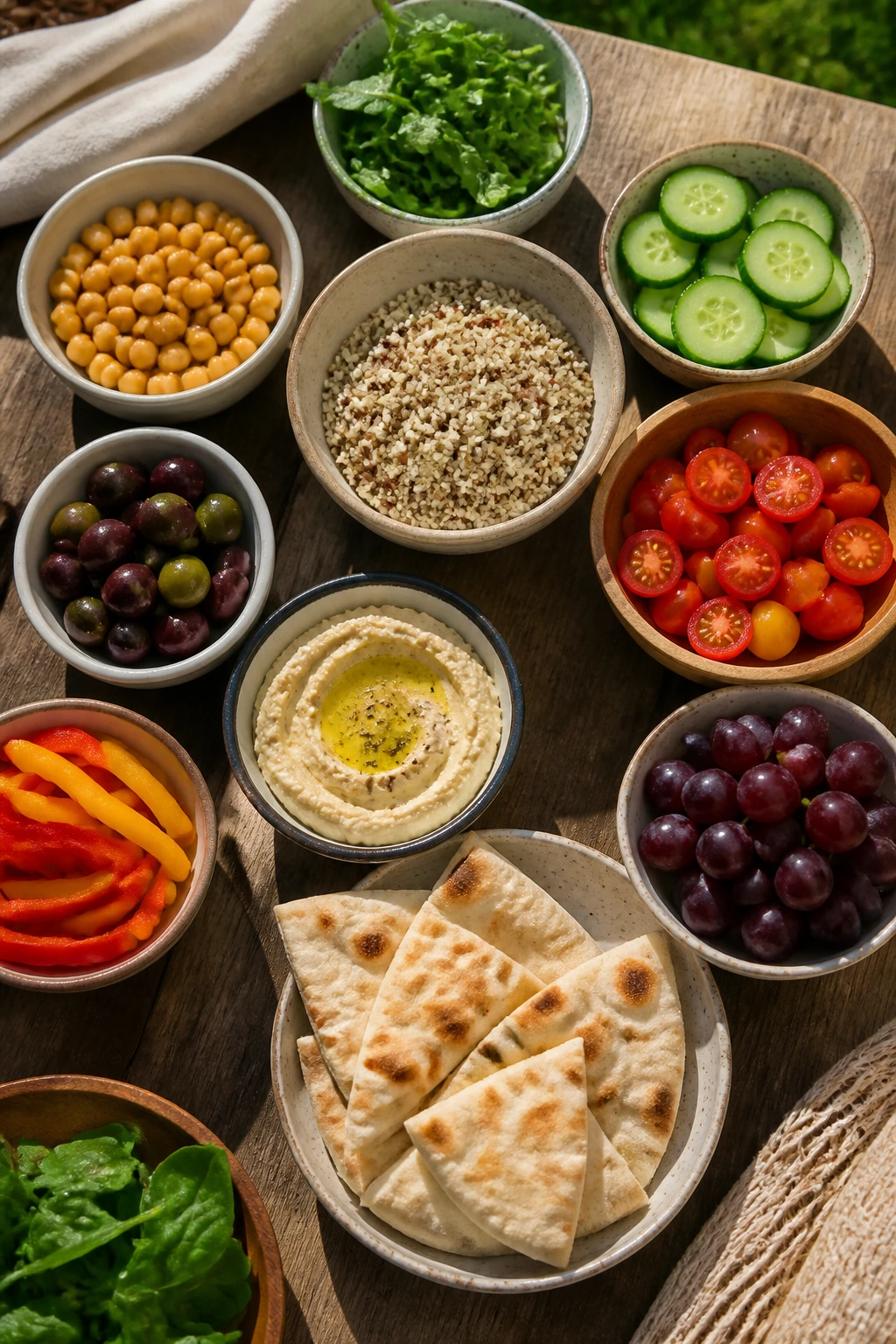 Top-down view of vegan picnic ingredients arranged on table