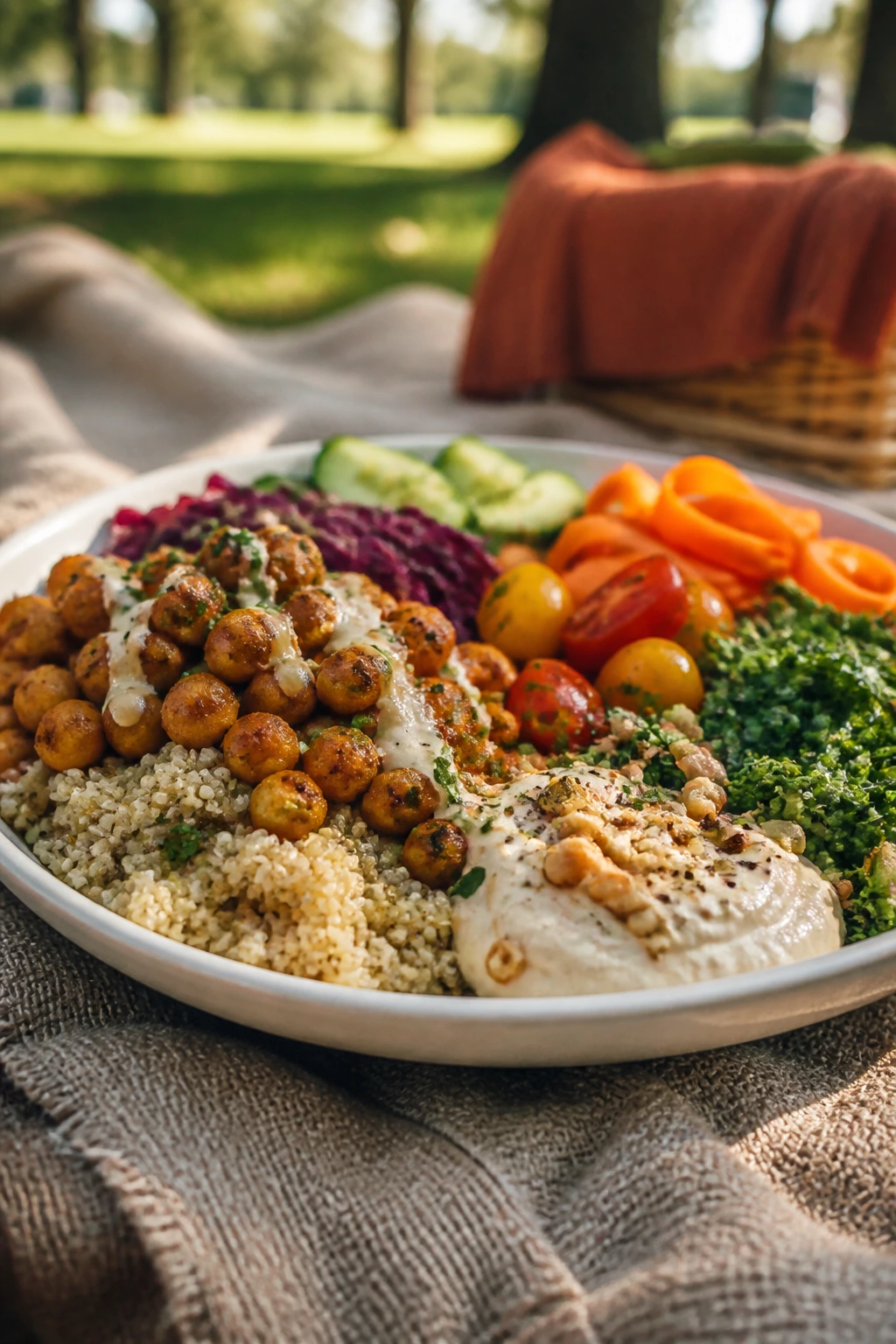 Close-up of a vibrant vegan picnic plate with grains, protein, veggies, and dressing on a sunny blanket