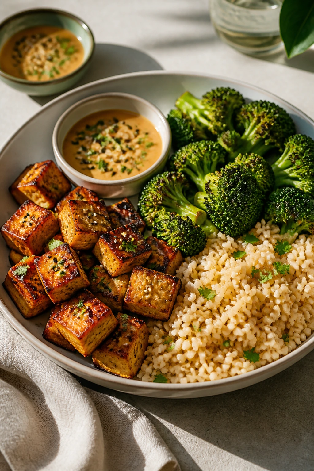 Plate with tofu, broccoli, and brown rice arranged for balance