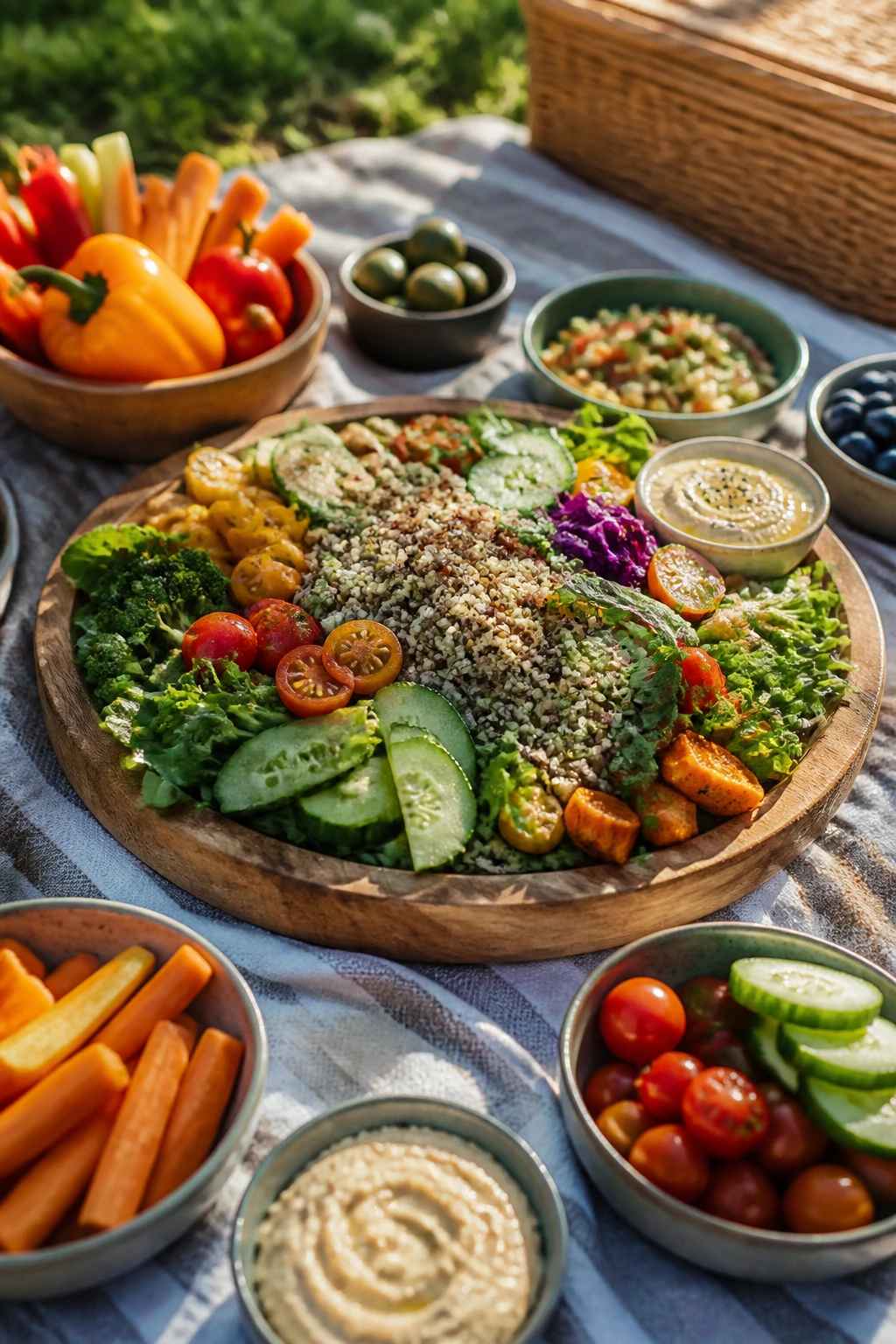 Large wooden platter with vegan salad and sides on a picnic blanket