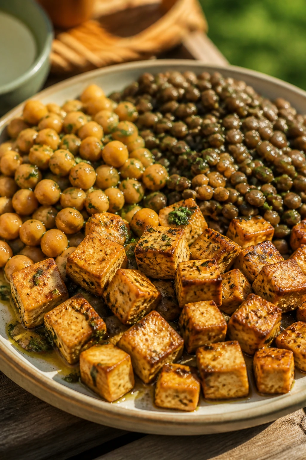 Close-up of vegan proteins like tofu, chickpeas, and lentils on a plate