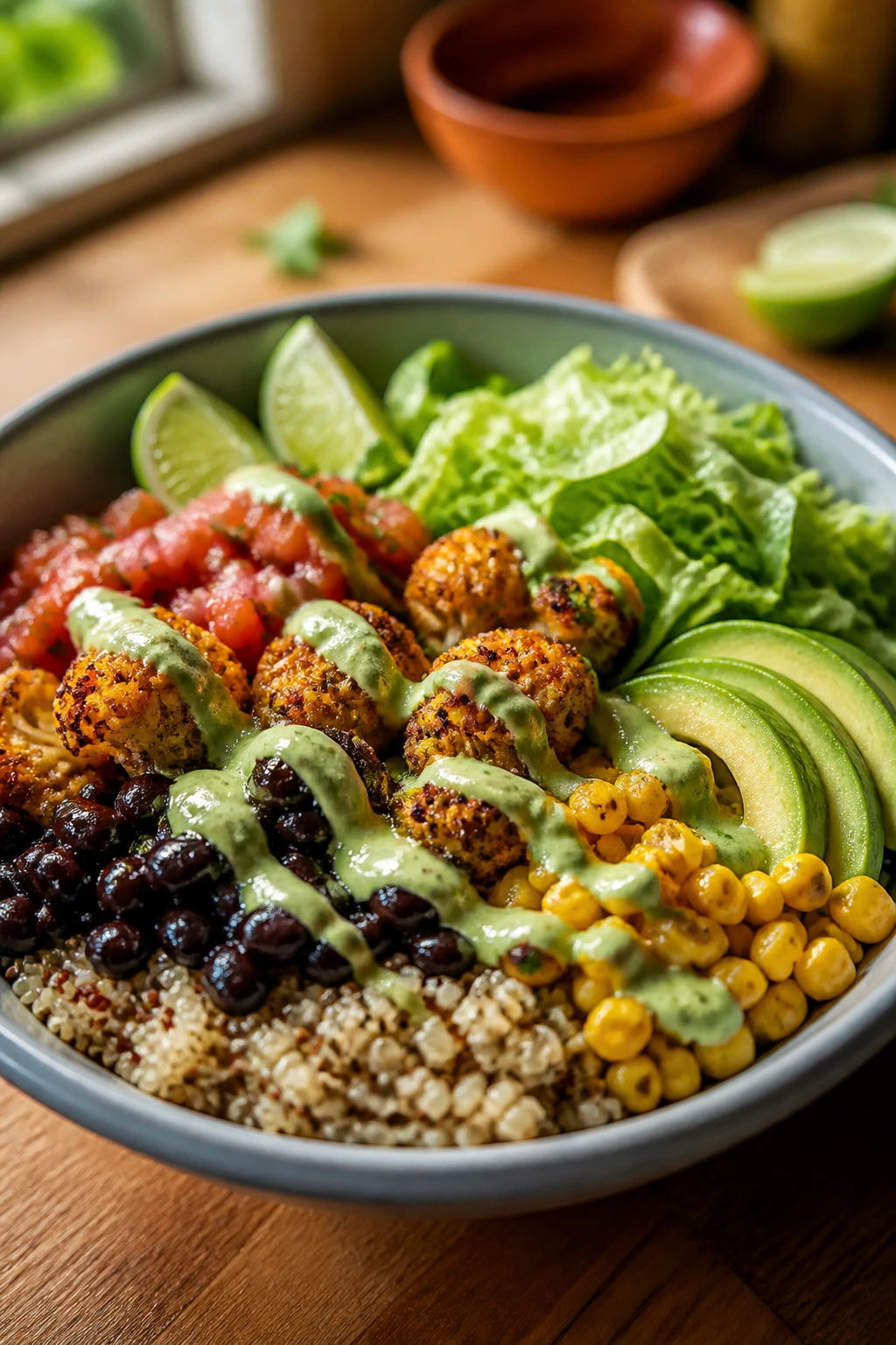 Close-up of a vegan taco quinoa bowl with quinoa, beans, cauliflower, avocado and salsa