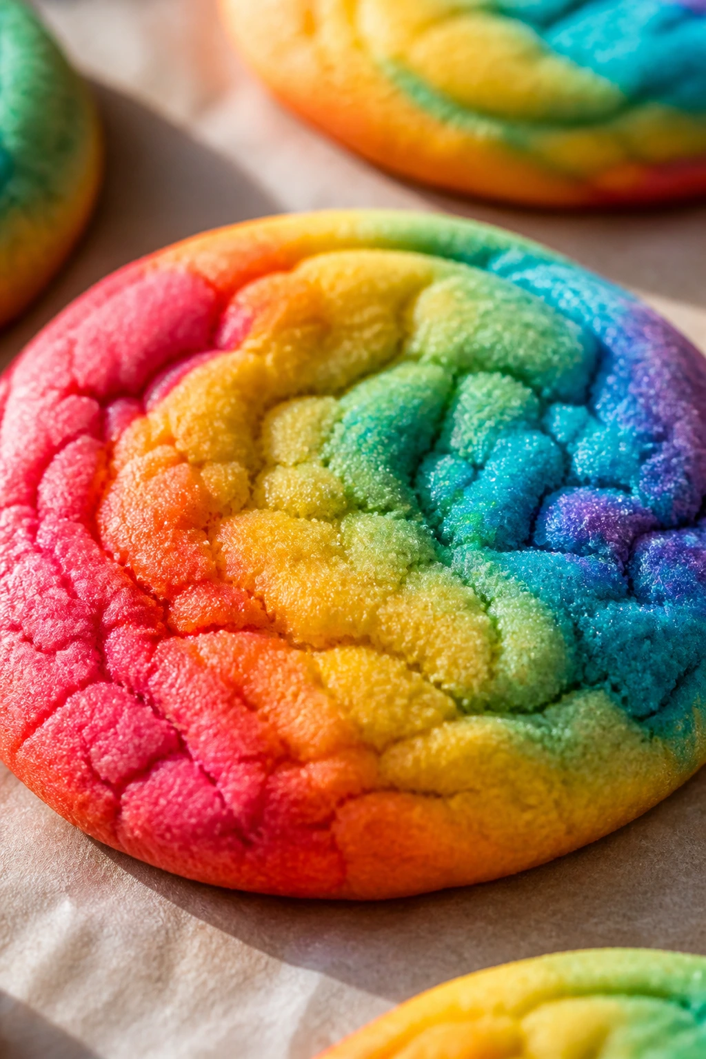 Close-up vegan rainbow sugar cookie with sprinkles on parchment
