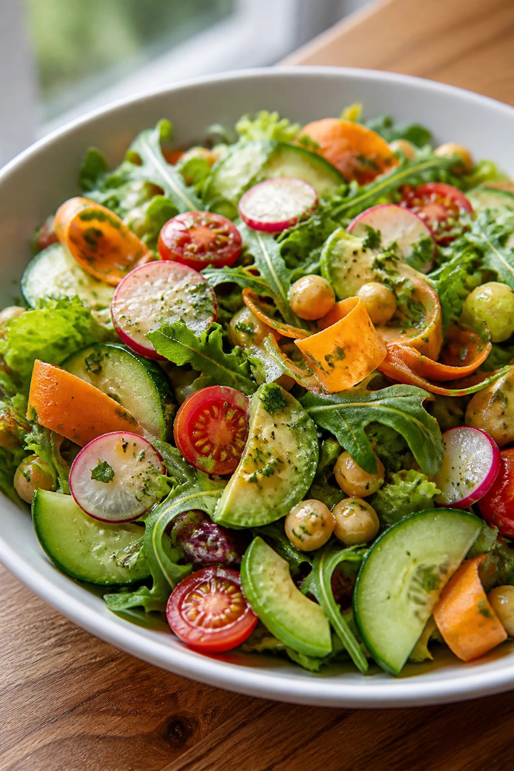 Bright vegan salad with greens and lemon-Dijon dressing on a wooden counter