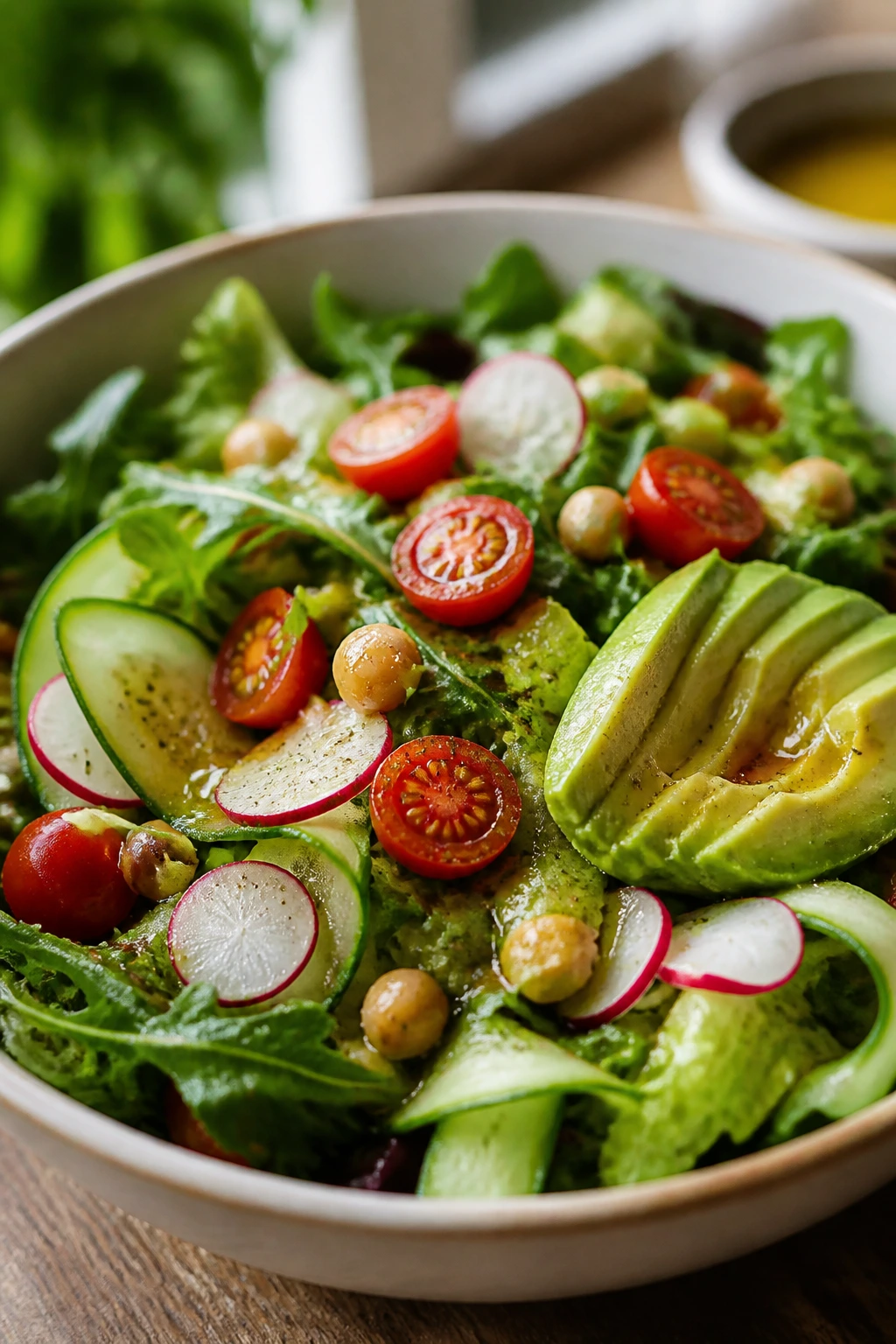 Close-up of a vibrant light vegan salad with greens, cucumber, radishes, tomatoes, chickpeas, and avocado dressed in light vinaigrette