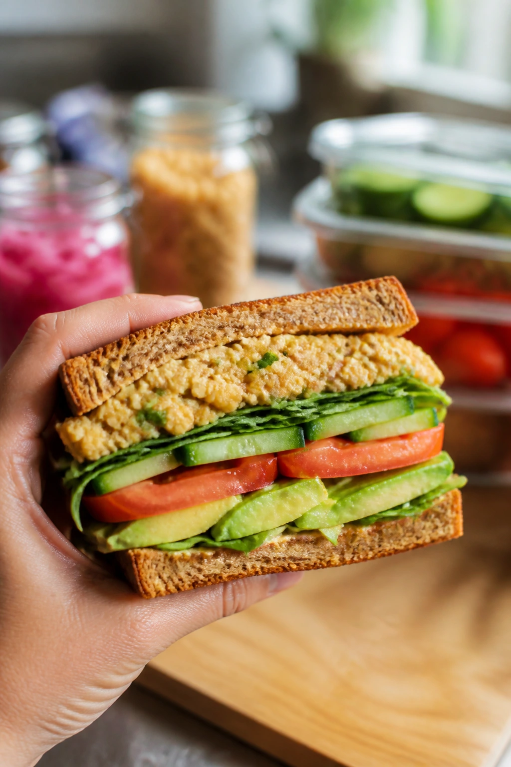 Close-up cross-section of a fresh vegan sandwich with chickpea filling and crisp veggies in a warm kitchen