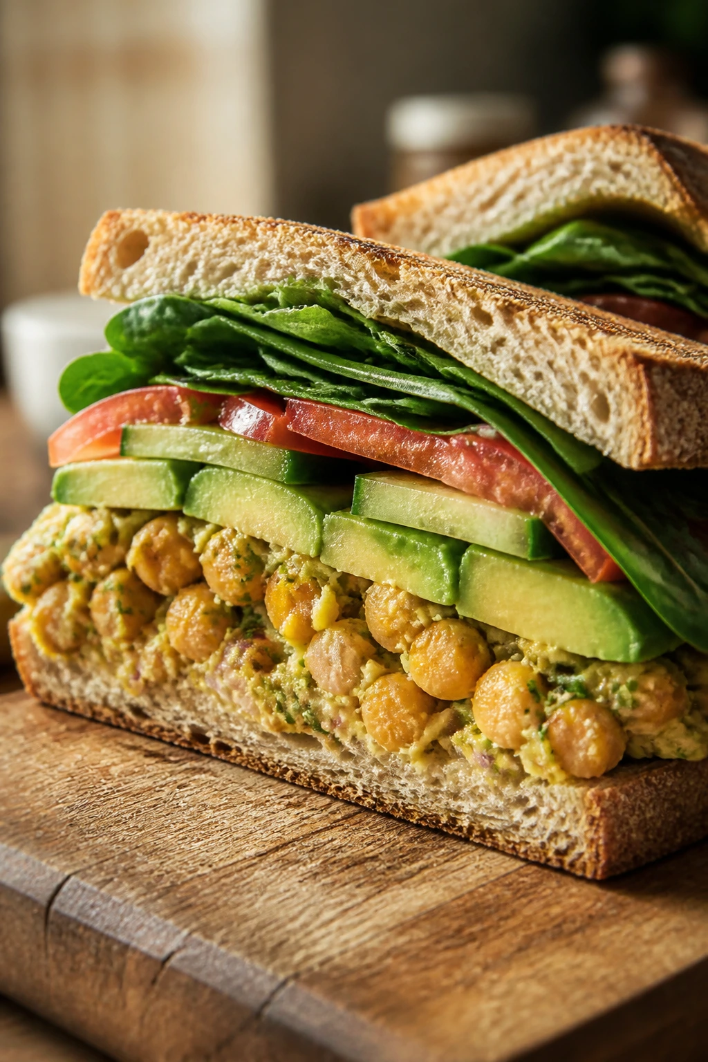 Close-up cross-section of a vibrant vegan sandwich showing chickpeas and avocado