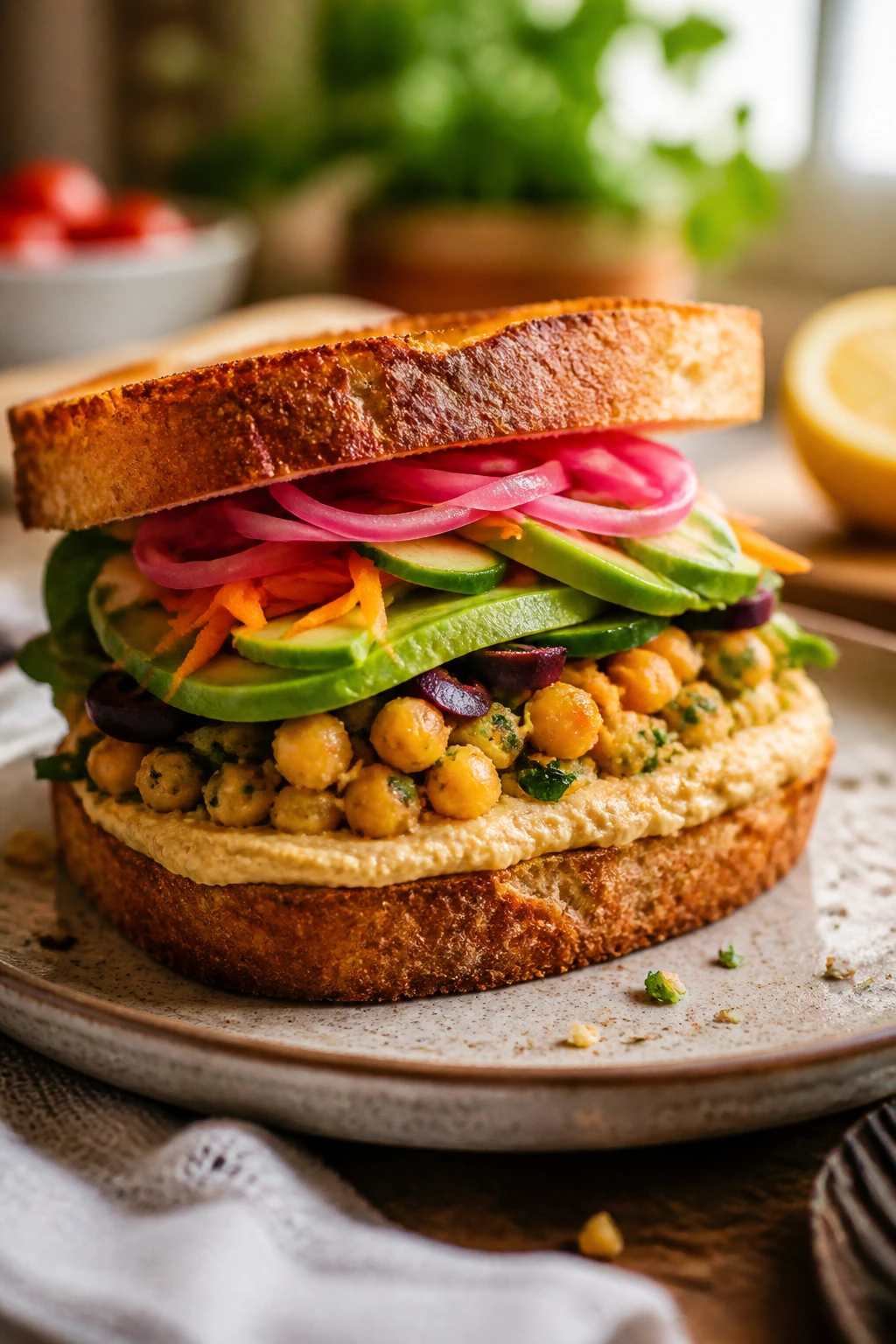 Close-up of a loaded vegan sandwich ready for dinner in a cozy kitchen