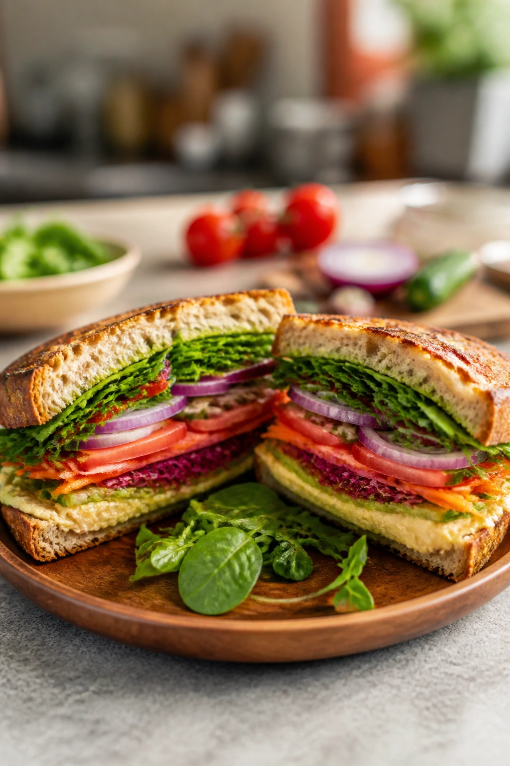 Plated vegan sandwich halves showing layered filling