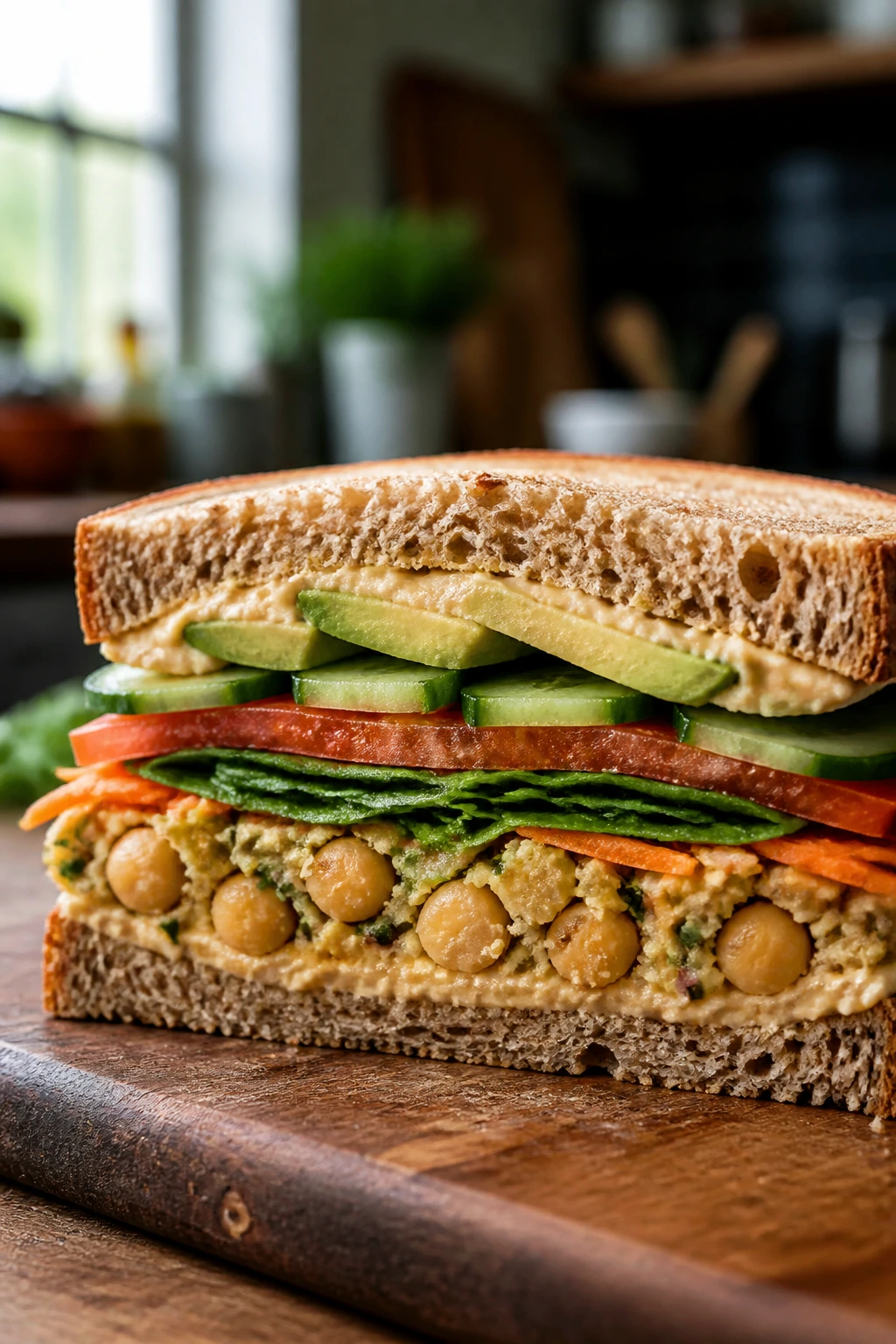 Close-up of a fresh vegan sandwich with chickpeas, avocado, cucumber and tomato on whole-grain bread