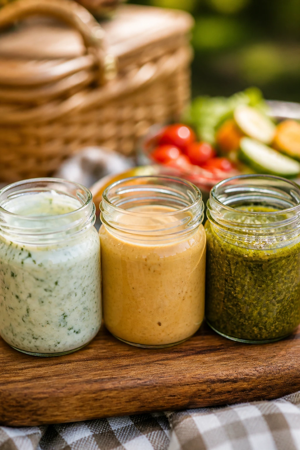 Close-up of three glass jars with sauces and dressings for a picnic