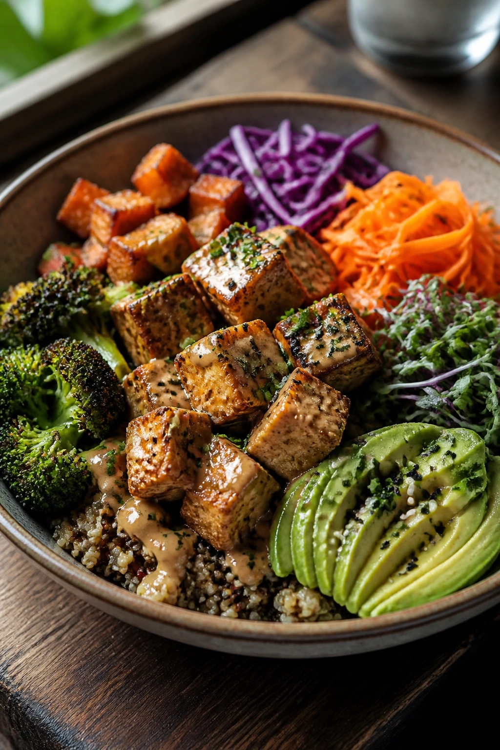 Close-up of a high, textures-rich vegan grain bowl on a rustic table, highlighting toppings.