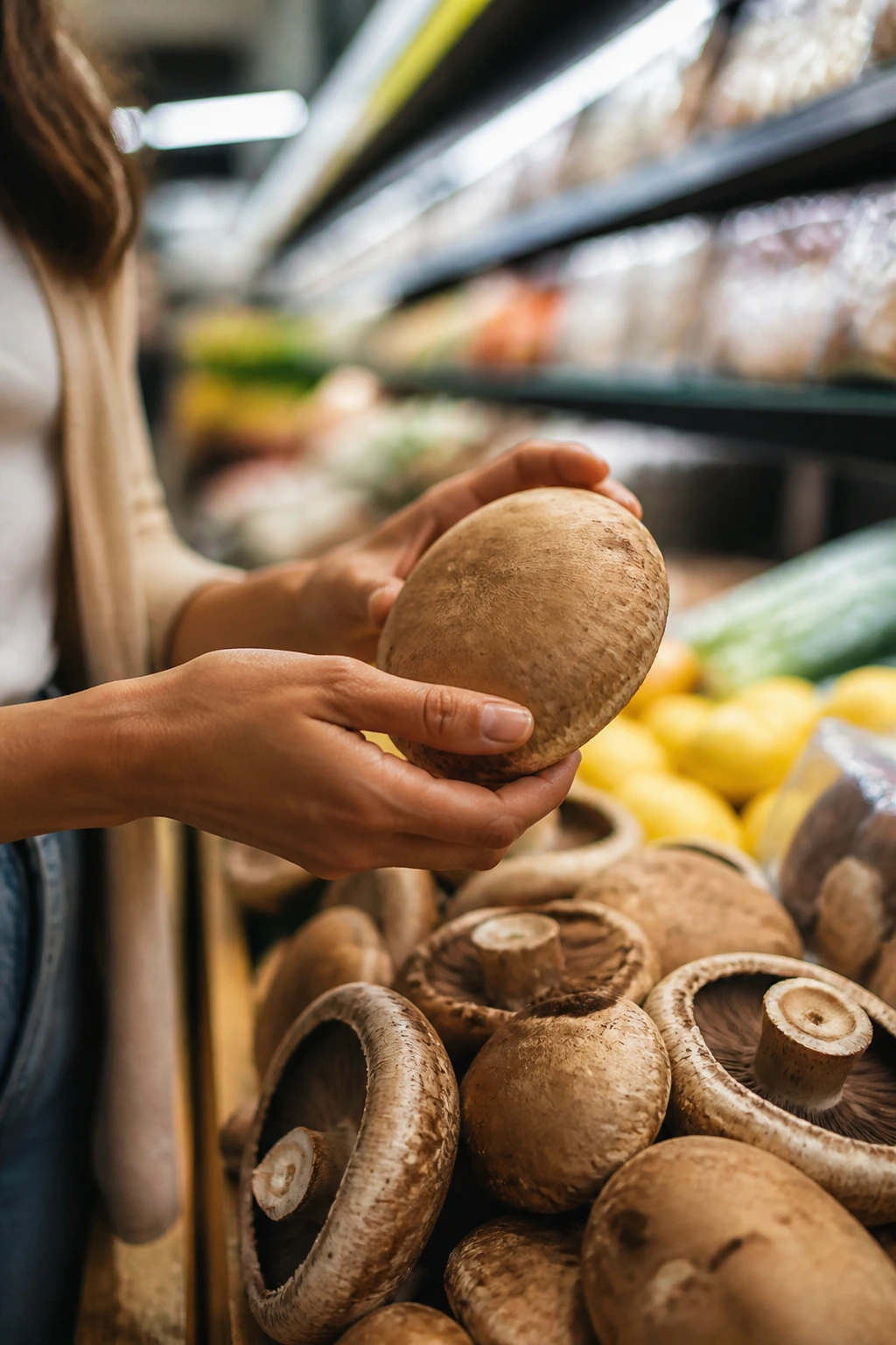 Hands selecting a portobello mushroom in a grocery store produce aisle