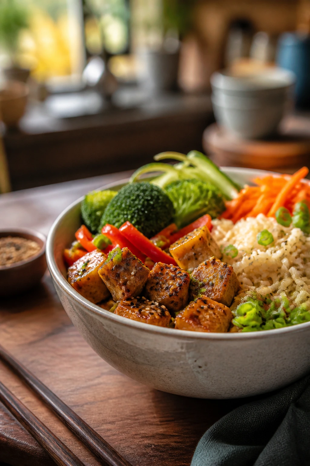 Vibrant tofu and vegetable bowl representing variations.