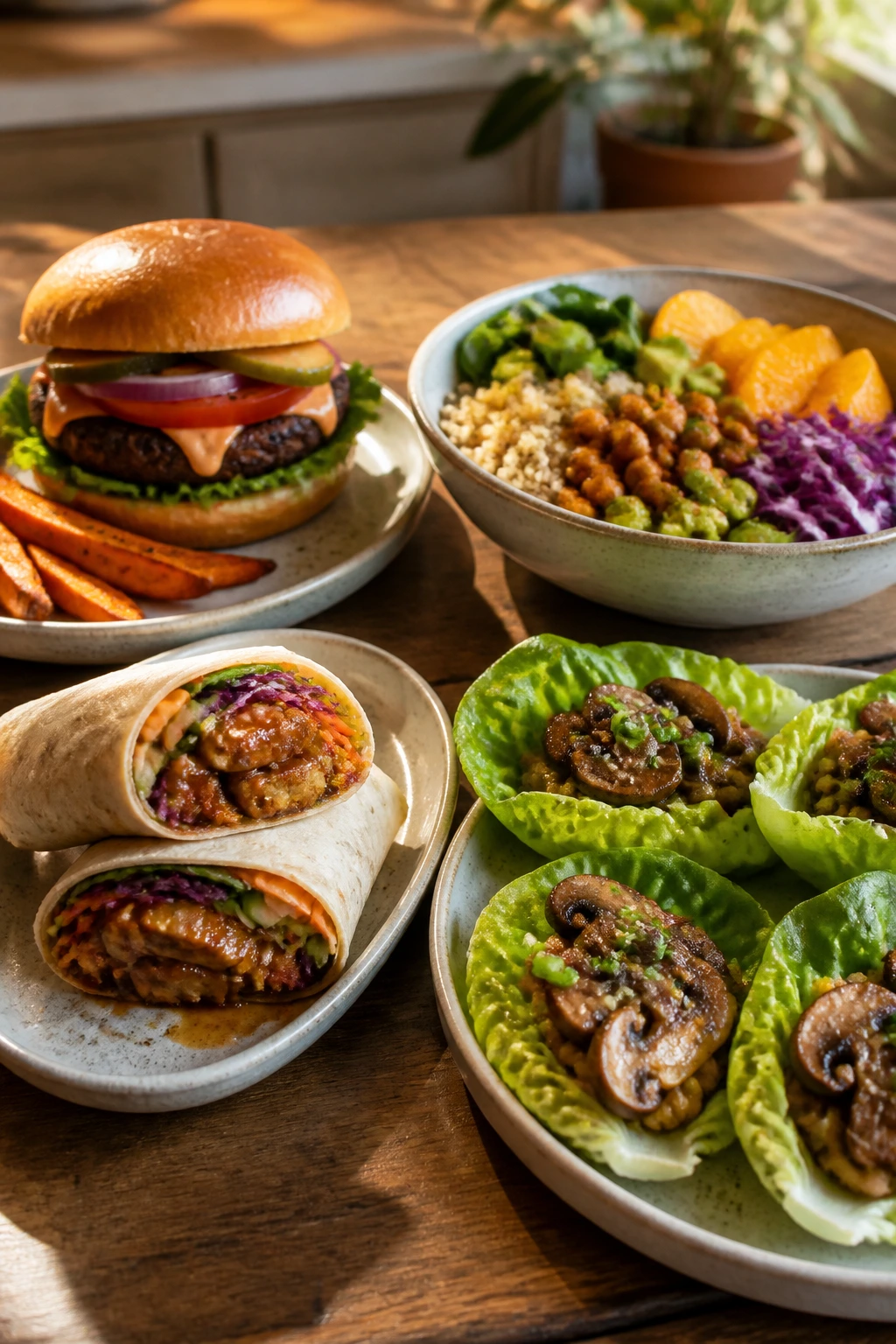 Four vegan dishes showing twists: smoky burger, citrus bowl, sesame wrap, crunchy plate