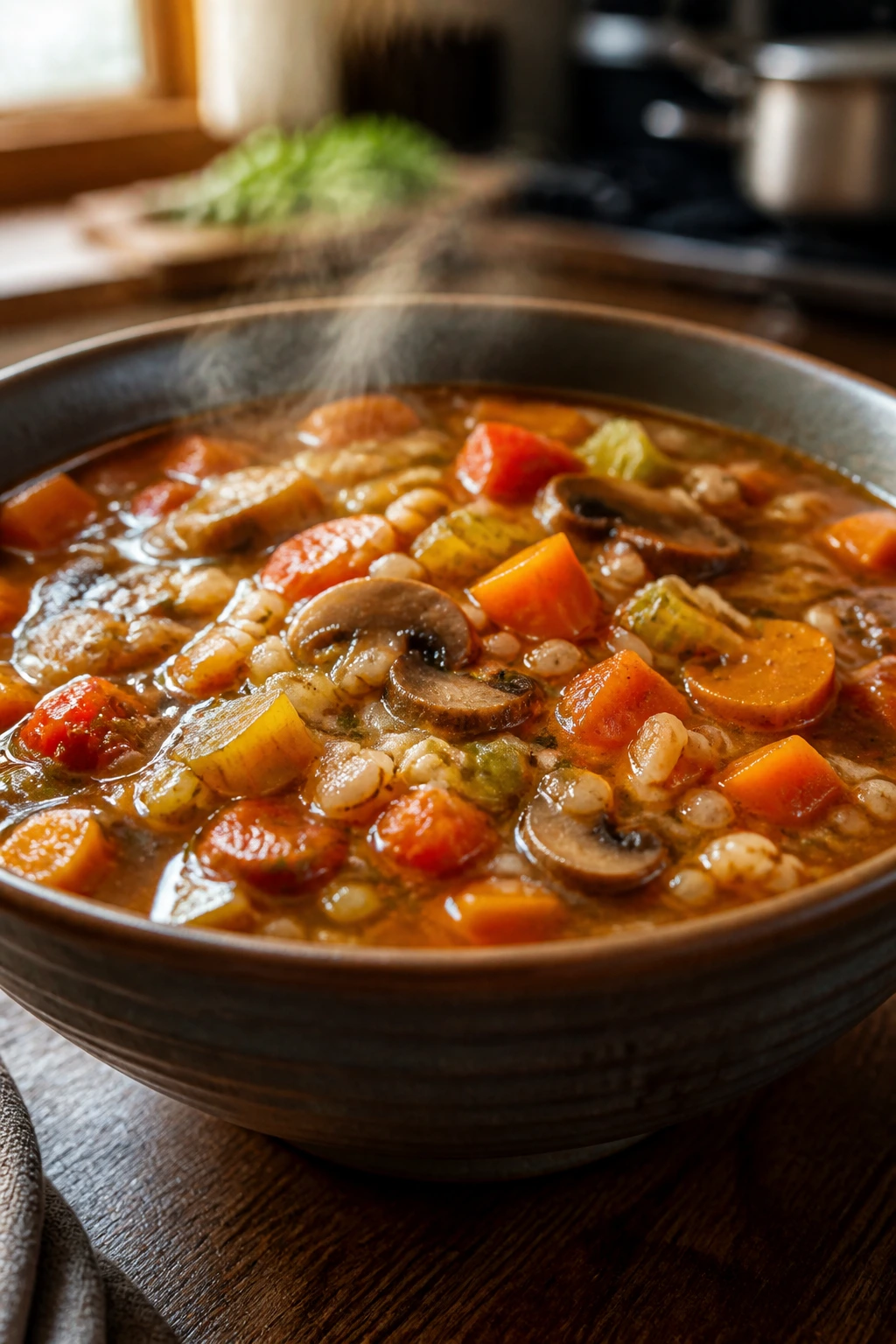 Close-up of a hearty vegetable barley soup in a rustic bowl with visible barley and vegetables