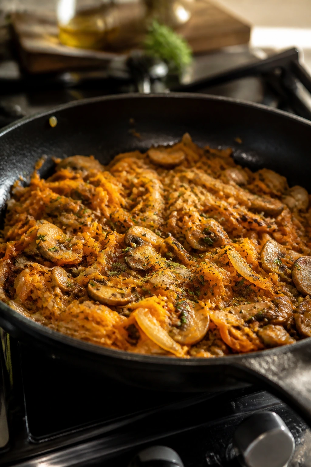 Close-up of a hidden-vegetable base in a skillet