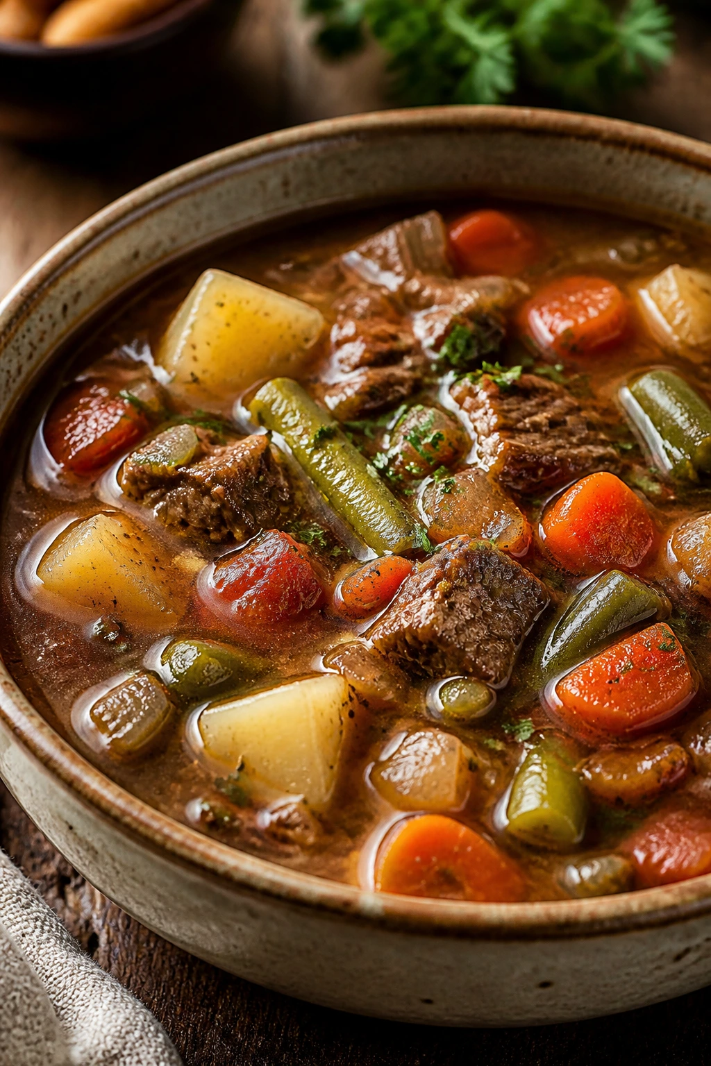 Close-up of Vegetable Beef Soup in a rustic bowl