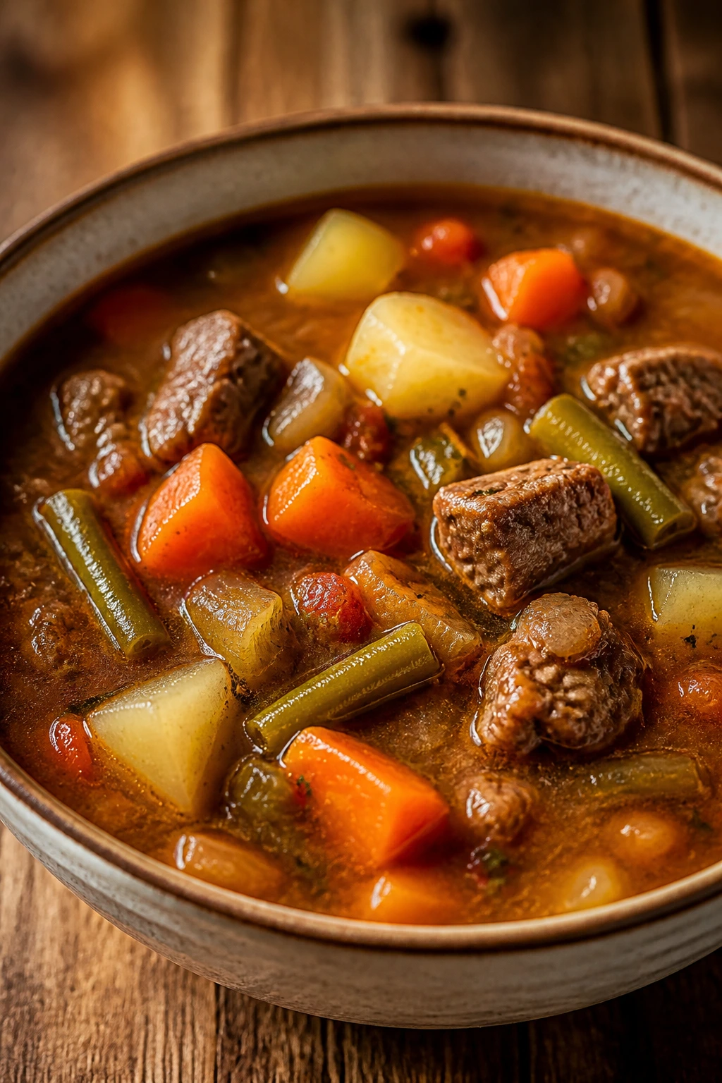 Chunky beef and vegetable soup in a bowl