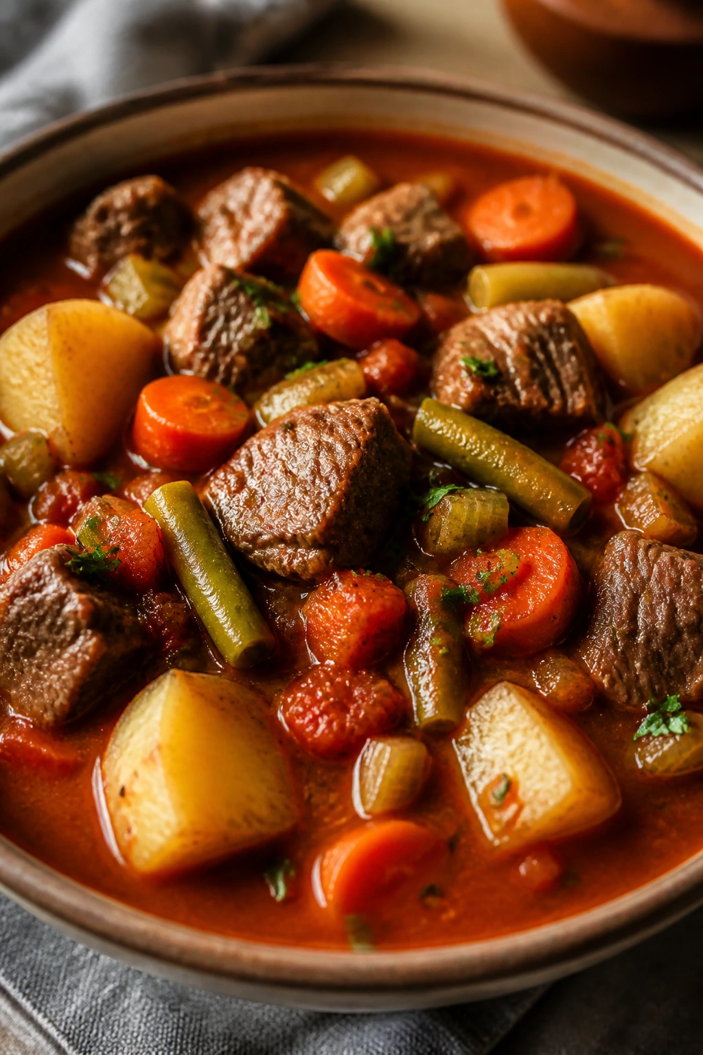 Close-up of Vegetable Beef Soup with beef and vegetables