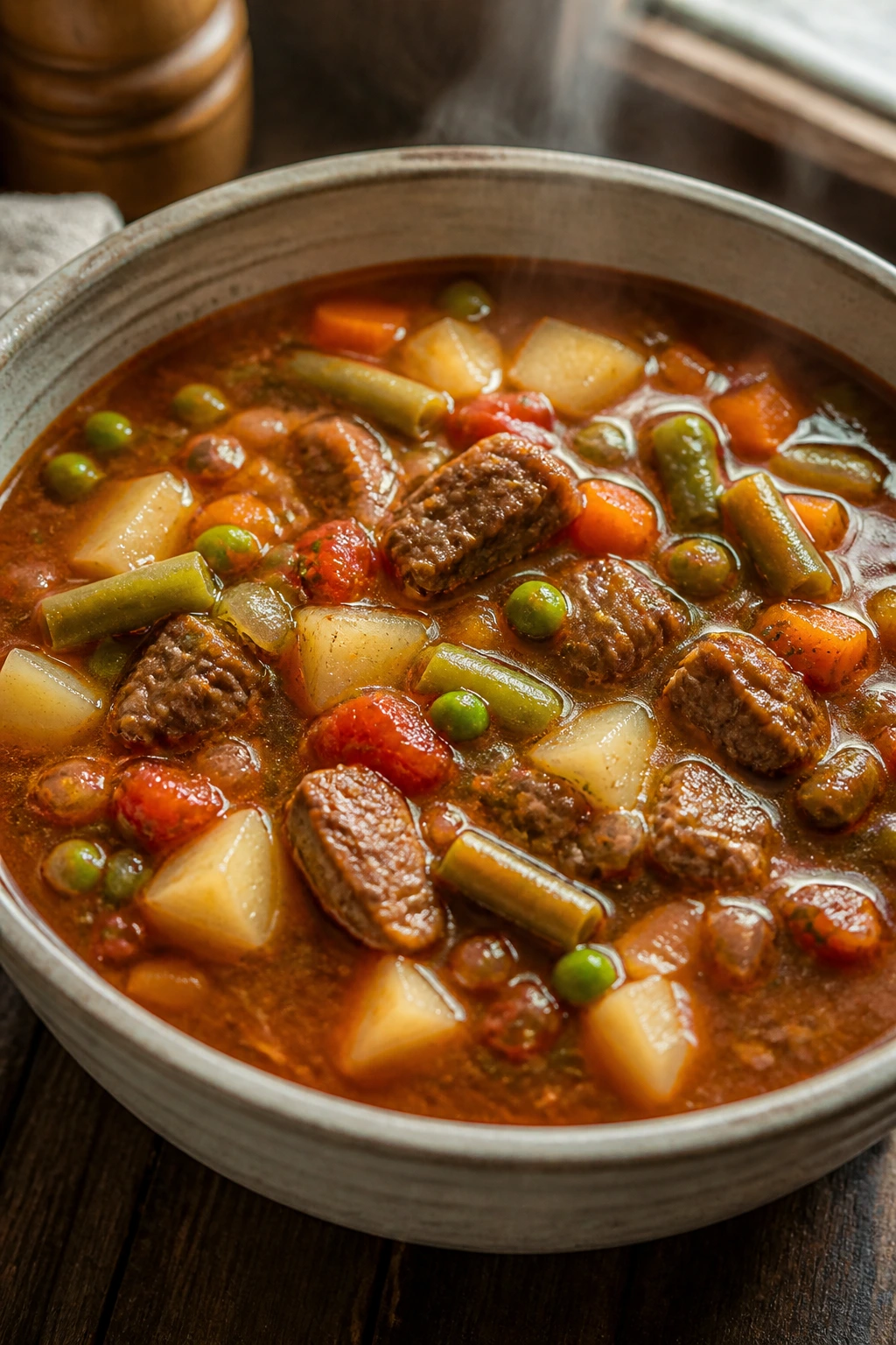 Steaming bowl of hearty vegetable beef soup with beef, potatoes, beans, and peas on a rustic wooden table