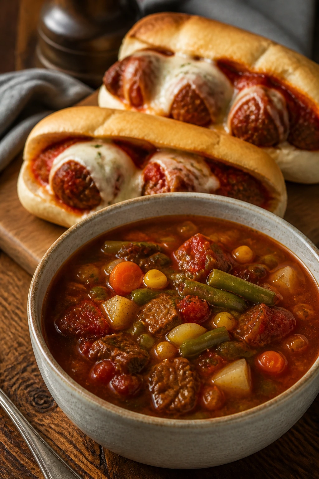 Hearty vegetable beef soup with two meatball subs on a wooden board