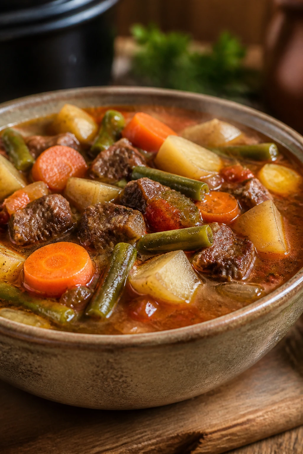 Beef and vegetable soup with potatoes and green beans in a bowl.