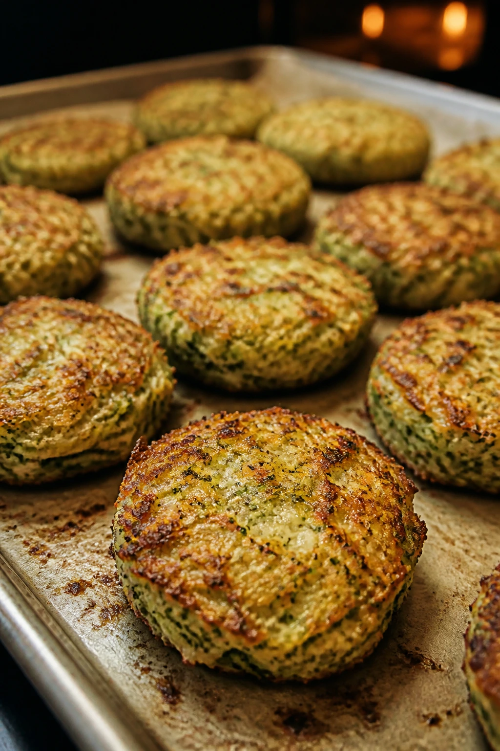 Close-up of golden veggie bites on parchment, oven-baked with crisp edges